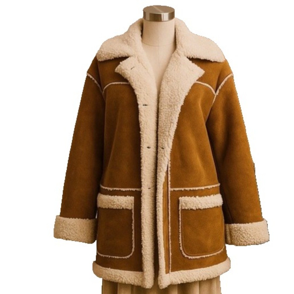 NEW Faux Suede Shearling Jacket Klesis Amaya Coat Brown Sz Large Teddy Bear Coat